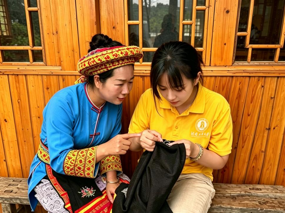 图6：传承人指导队员体验花瑶挑花技艺